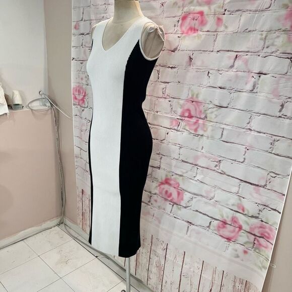 GSTQ NWT white black color block Ribbed V-Neck midi Dress size small - Picture 6 of 13